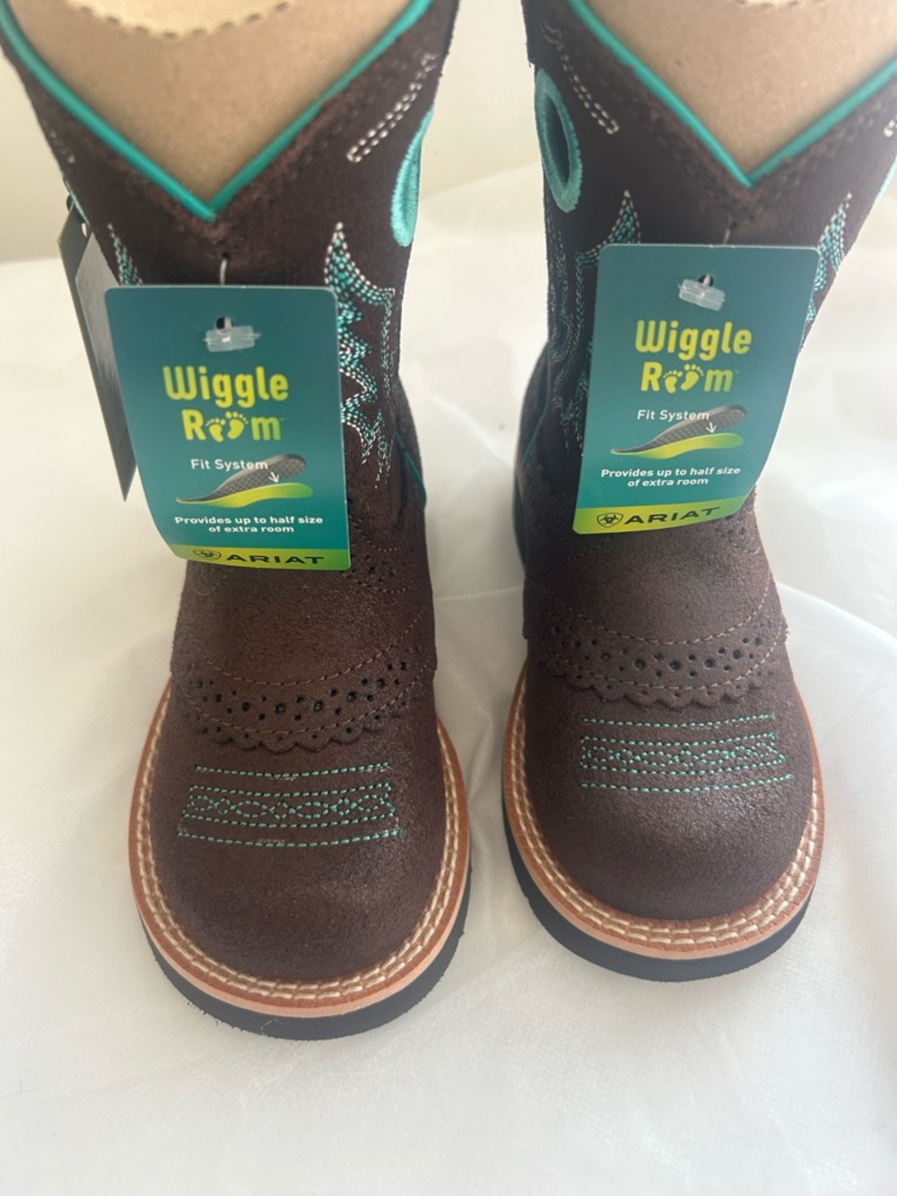 Ariat Kids' Brushed Leather Brown Western Cowgirl Boots  Turquoise  Stitching